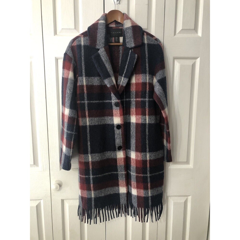 TAHINI Buffalo Plaid Red/White/Blue Wool Blend  Fringed Oversized Overcoat EUC